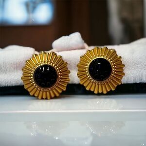 Brand New Gold And Black Starburst Round Stud Earrings Sterling Silver Post